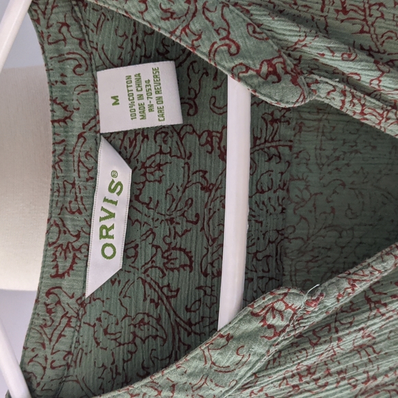 Orvis blouse, stretchy, green & burgundy Medium - Picture 3 of 6